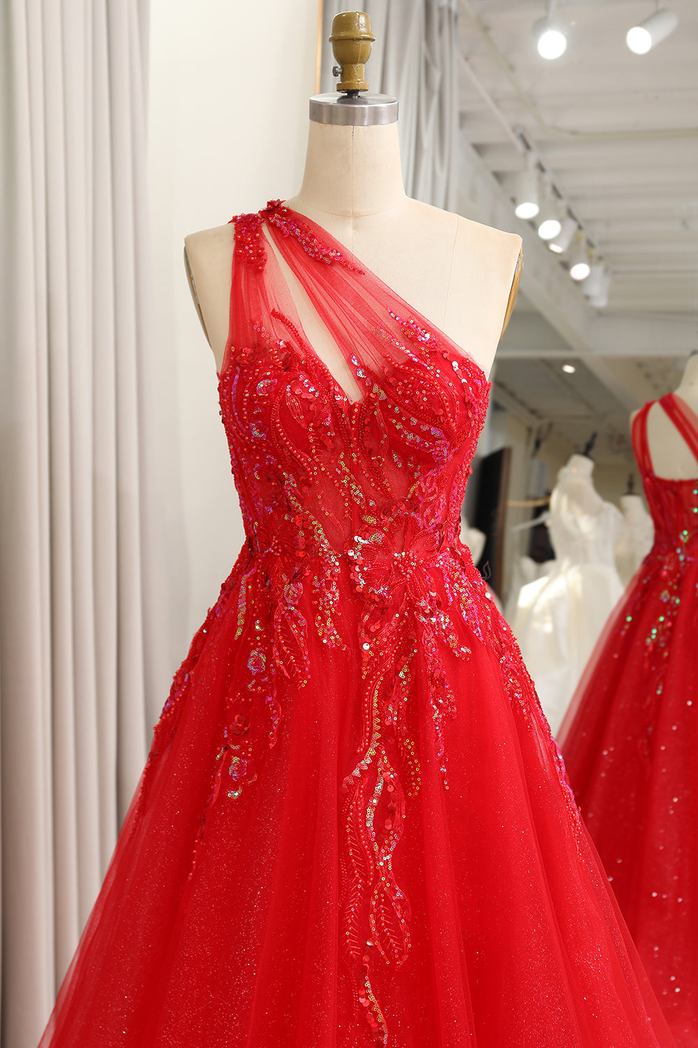 Sparkly Red A-Line One Shoulder Long Prom Dress With Sequins Floor Length