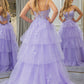 Lilac A Line Appliqued Tiered Long Corset Prom Dress With Slit Floor Length Sexy