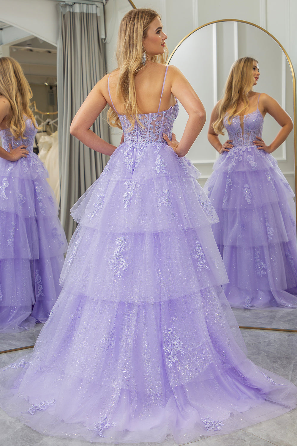 Lilac A Line Appliqued Tiered Long Corset Prom Dress With Slit Floor Length Sexy