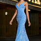 Sparkly Blue Mermaid Spaghetti Straps Long Prom Dress With Sequins V-neck Sexy