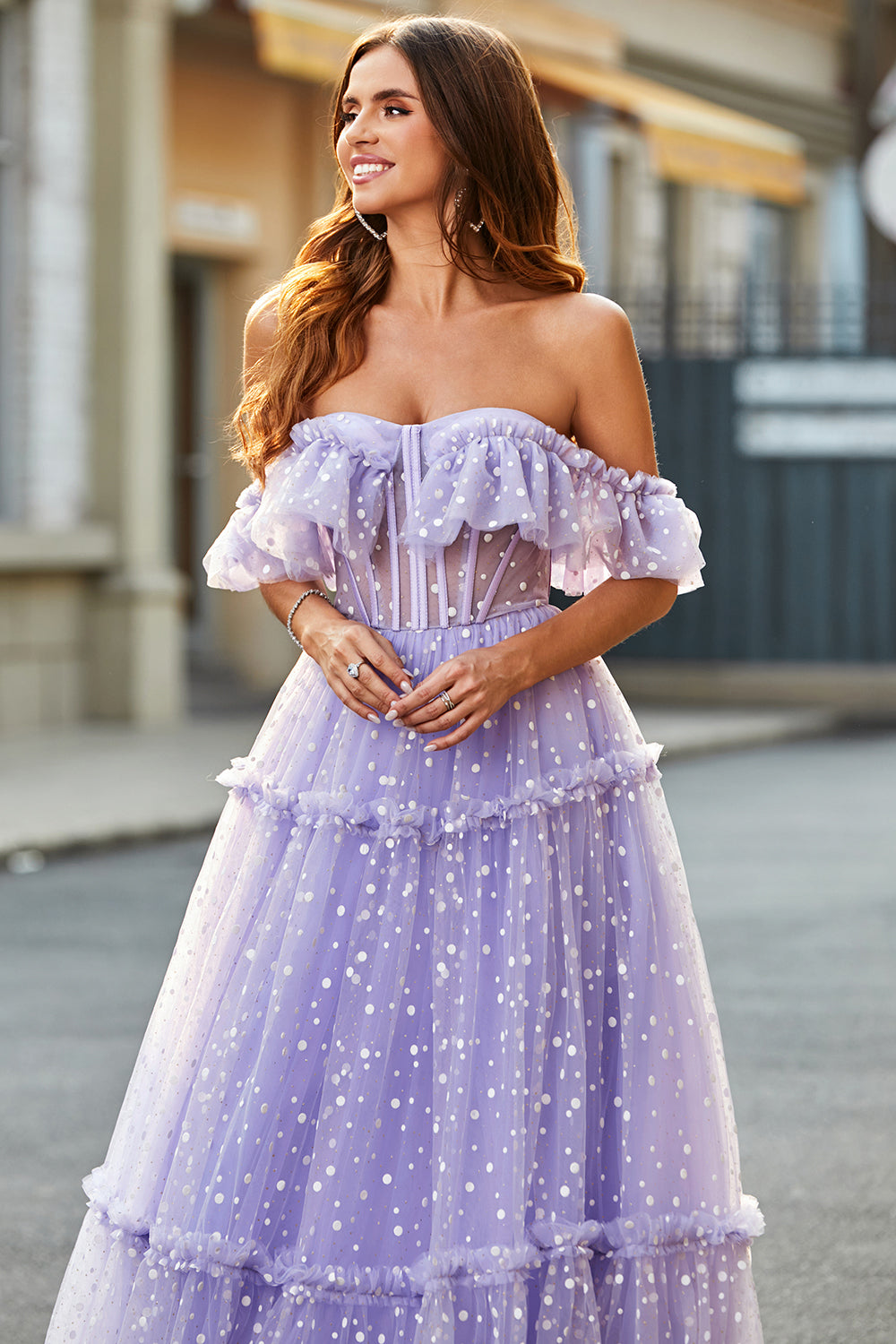 Lilac Princess A-Line Off The Shoulder Pleated Tiered Long Prom Dress Sexy