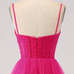 A-Line Spaghetti Straps Long Corset Fuchsia Prom Dress with Slit Pure Color