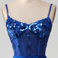 Royal Blue Mermaid Spaghetti Straps Beaded Corset Prom Dress with Slit Sexy Evening Dresses