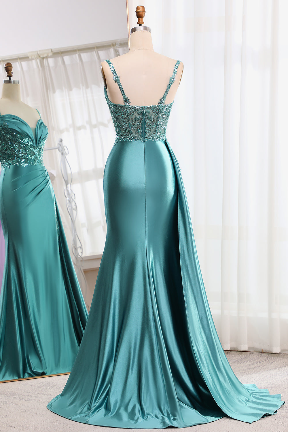 Mermaid V-Neck Satin Long Appliques Sequin Blue Prom Dress With Slit Sexy Evening Dresses