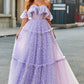 Lilac Princess A-Line Off The Shoulder Pleated Tiered Long Prom Dress Sexy