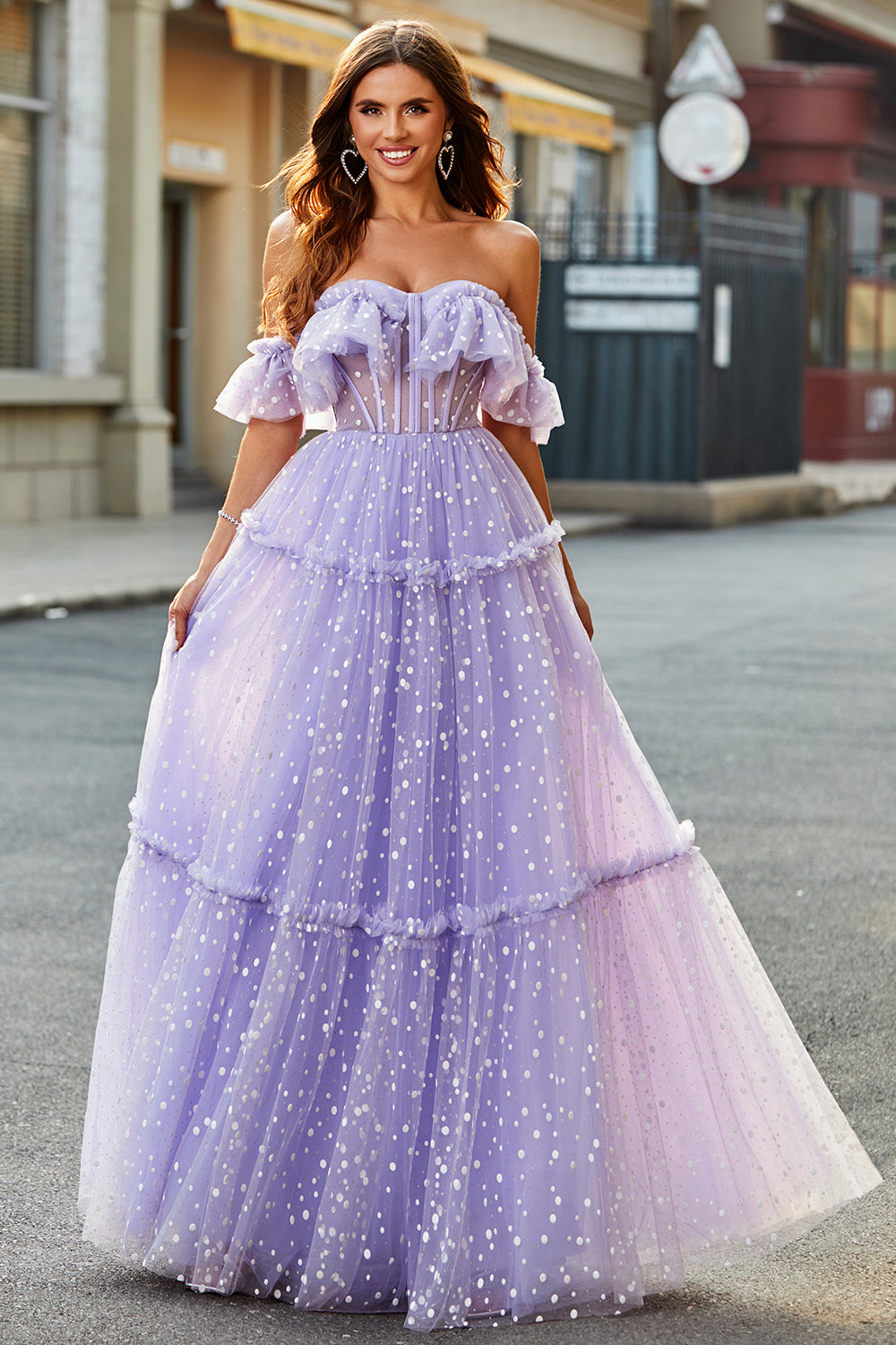 Lilac Princess A-Line Off The Shoulder Pleated Tiered Long Prom Dress Sexy