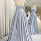 Glitter Grey Blue A-Line Spaghetti Straps Long Prom Dress With Appliques Sparkly Evening Dresses