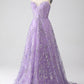 A-Line Spaghetti Straps Lilac Corset Prom Dress with Sequins Floor Length