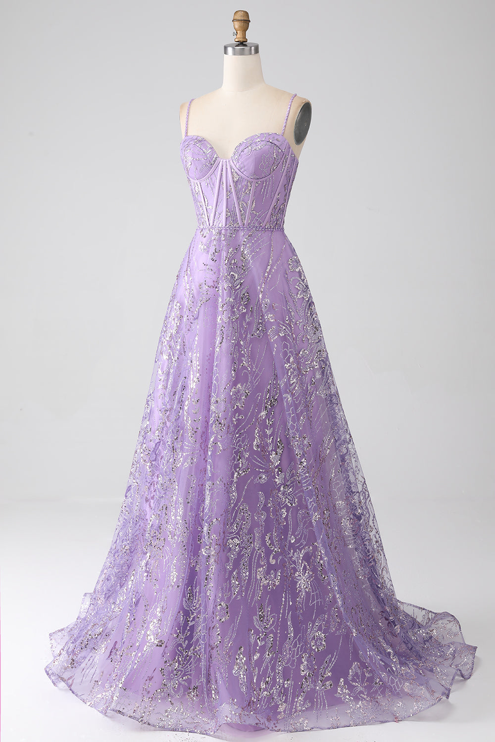 A-Line Spaghetti Straps Lilac Corset Prom Dress with Sequins Floor Length