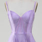 Sparkly Simple Lilac A-Line Side Slit Corset Prom Dresses with Rhinestones Sexy Evening Dresses