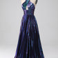Sparkly Purple A-Line Halter Pleated Prom Dress with Slit Sexy Evening Dresses