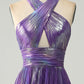 Sparkly Purple A-Line Halter Pleated Prom Dress with Slit Sexy Evening Dresses