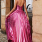 Sparkly Fuchsia A-Line Spaghetti Straps Pleated Prom Dress with Side Slit Sexy Evening Dresses