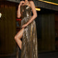 Sparkly Fuchsia A-Line Spaghetti Straps Pleated Prom Dress with Side Slit Sexy Evening Dresses