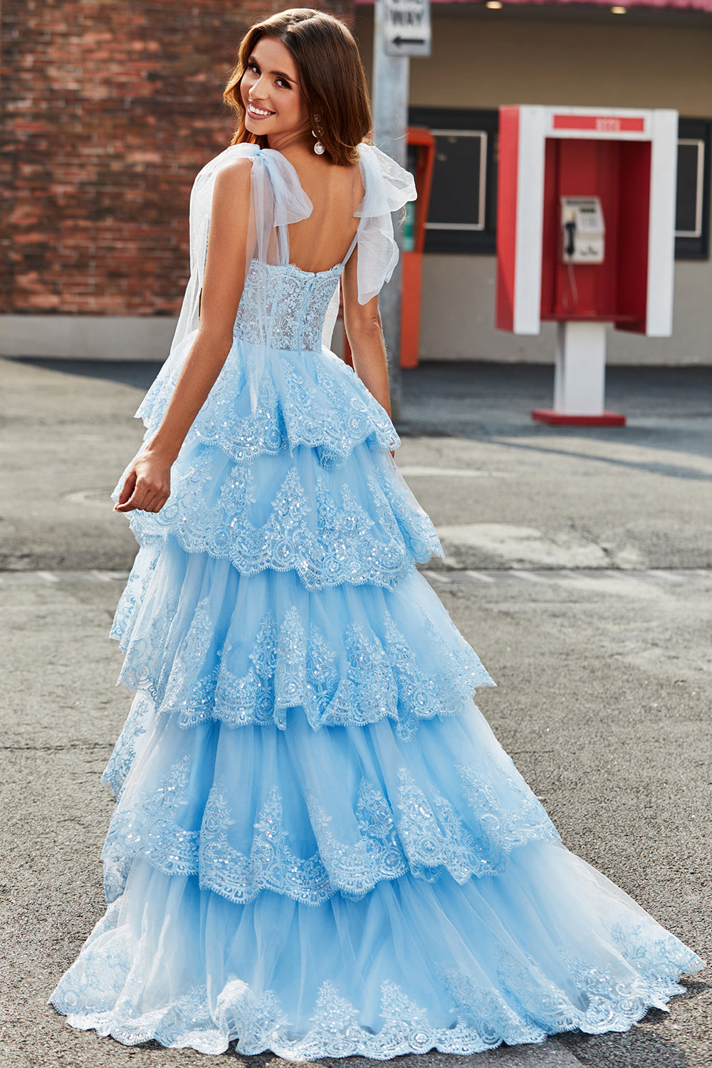 Princess Light Blue Bow Tie Straps Sequin Tiered Tulle Long Sparkly Prom Dress Beautiful