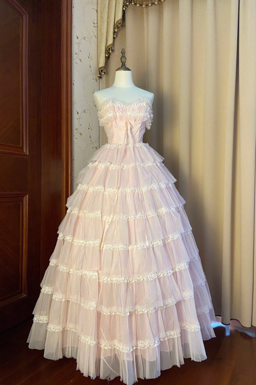 Pink Strapless Layers Tulle Long Party Dress Glam Prom Dress Formal Gown Off Shoulder