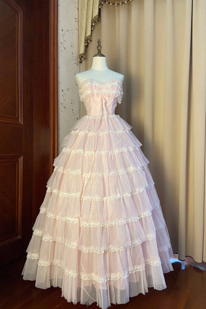 Pink Strapless Layers Tulle Long Party Dress Glam Prom Dress Formal Gown Off Shoulder