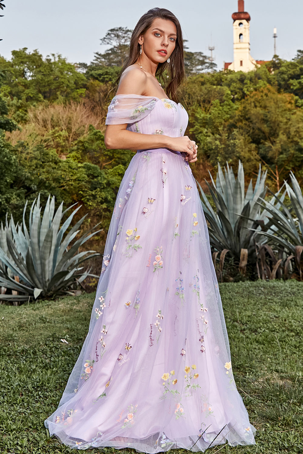 Lavender A Line Off The Shoulder Tulle Formal Dress With Embroidery Prom Dress With Flowers