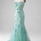 Mermaid Spaghetti Straps Long Prom Dress with Appliques Floor Length With Flowers