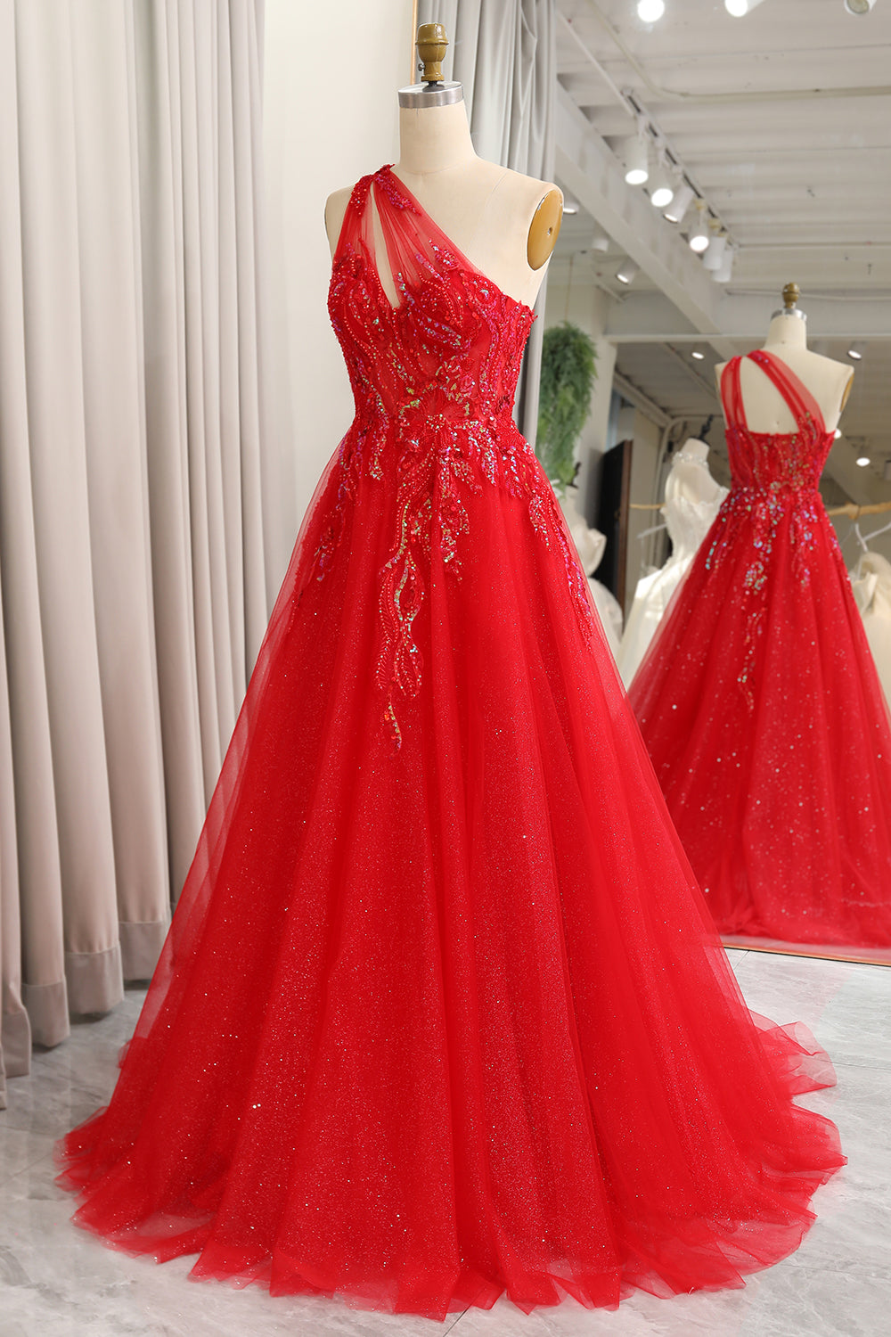 Sparkly Red A-Line One Shoulder Long Prom Dress With Sequins Floor Length