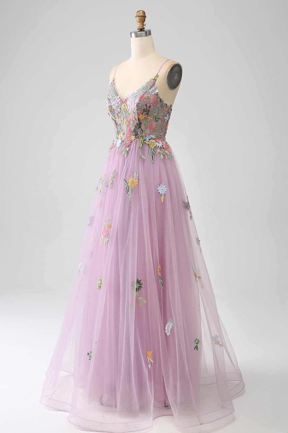 Mauve A-Line Spaghetti Straps Tulle Long Prom Dress With Embroidery With Flowers