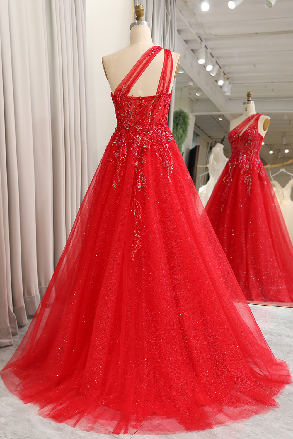 Sparkly Red A-Line One Shoulder Long Prom Dress With Sequins Floor Length