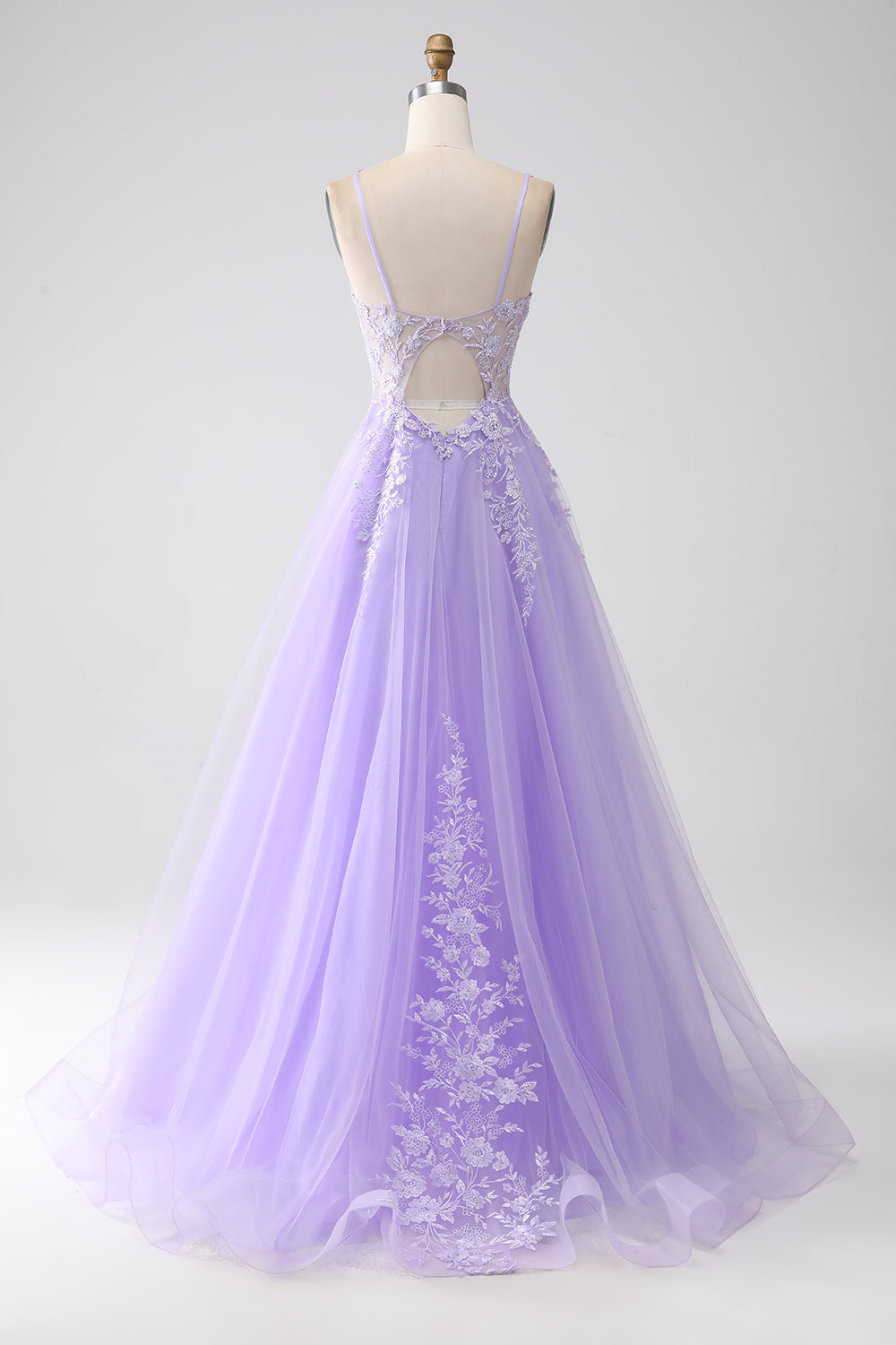 Lilac A-Line Spaghetti Straps Tulle Long Prom Dress with Appliques Beautiful