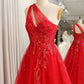 Sparkly Red A-Line One Shoulder Long Prom Dress With Sequins Floor Length