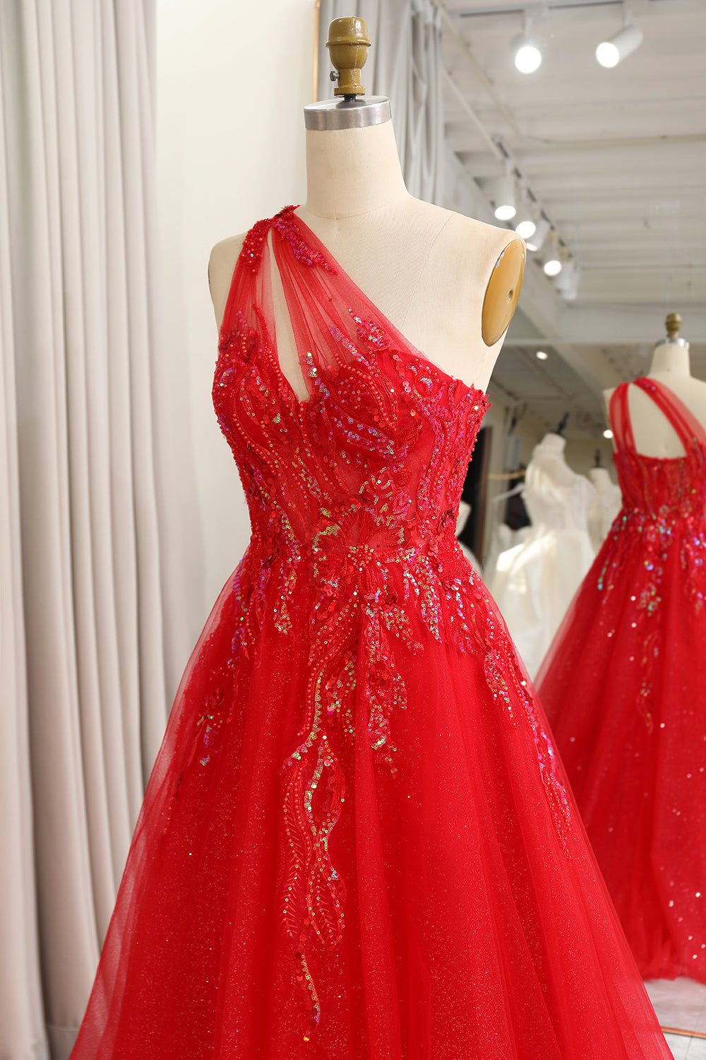 Sparkly Red A-Line One Shoulder Long Prom Dress With Sequins Floor Length