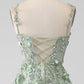 A-Line Long Corset Appliqued Prom Dress with Detachable Sleeves V-neck Floor Length
