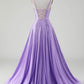 Sparkly Simple Lilac A-Line Side Slit Corset Prom Dresses with Rhinestones Sexy Evening Dresses