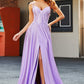 Sparkly Simple Lilac A-Line Side Slit Corset Prom Dresses with Rhinestones Sexy Evening Dresses