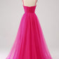 A-Line Spaghetti Straps Long Corset Fuchsia Prom Dress with Slit Pure Color