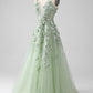 A-Line Long Corset Appliqued Prom Dress with Detachable Sleeves V-neck Floor Length