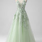 A-Line Long Corset Appliqued Prom Dress with Detachable Sleeves V-neck Floor Length