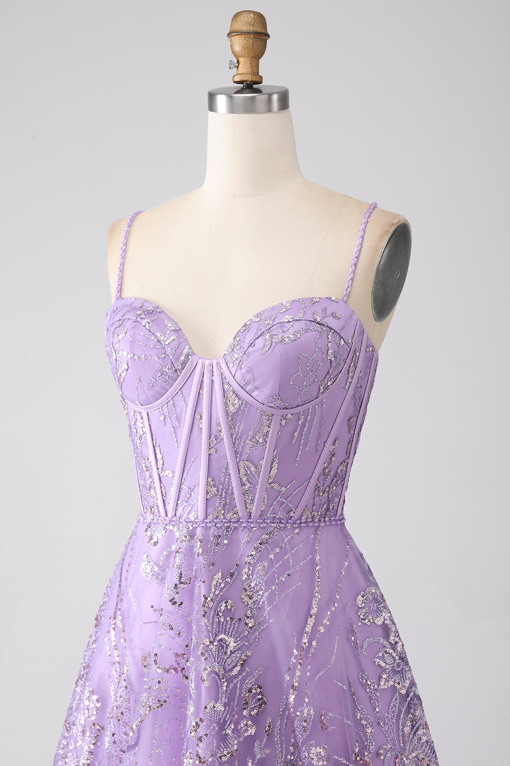 A-Line Spaghetti Straps Lilac Corset Prom Dress with Sequins Floor Length