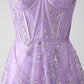 A-Line Spaghetti Straps Lilac Corset Prom Dress with Sequins Floor Length