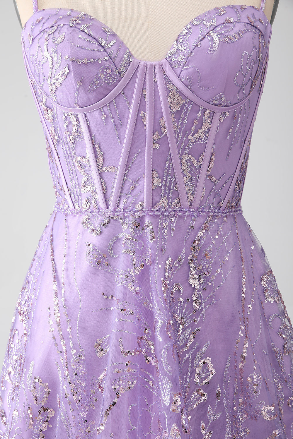 A-Line Spaghetti Straps Lilac Corset Prom Dress with Sequins Floor Length