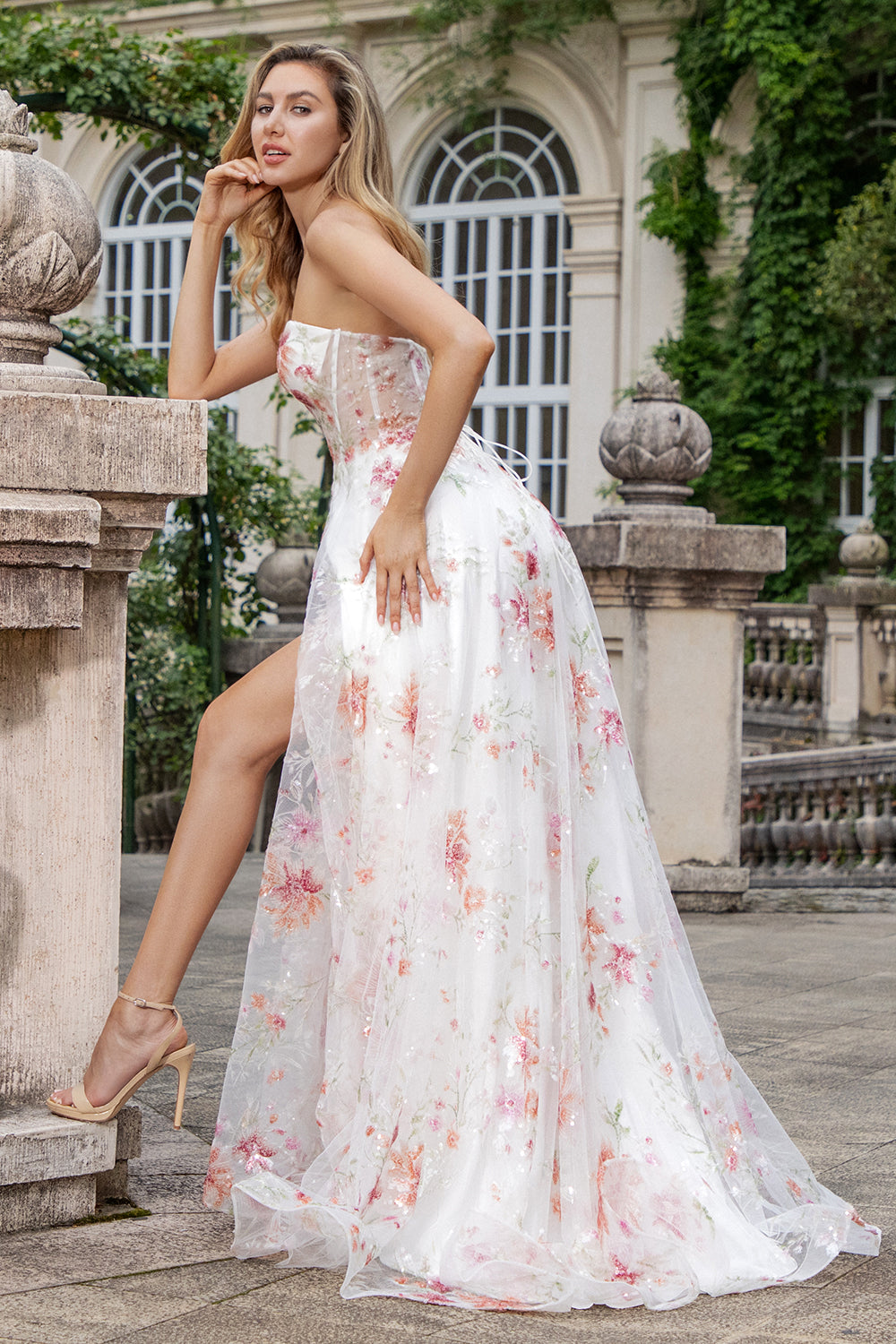 Elegant Sparkly Ivory Flower A Line Sweetheart Sequin Corset Party Dress With Slit Beautiful