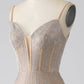 Sparkly Champagne Mermaid Spaghetti Straps Long Prom Dress with Slit Sexy Evening Dresses