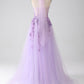 Purple A-Line Halter Neck Beaded Long Prom Dress V-neck With Slit