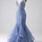 Grey Blue Mermaid Spaghetti Strap Beaded Backless Long Prom Dress With Appliques V-neck