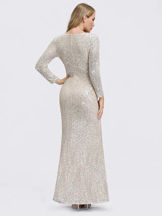 Sheath / Column Sexy Furcal Formal Evening Dress Plunging Neck Long Sleeve Floor Length Sequined