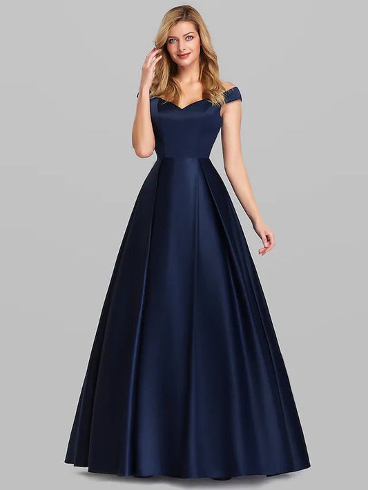 A-Line Evening Gown Elegant & Luxurious Dress Wedding Guest Floor Length Sleeveless Plunging Neck Charmeuse