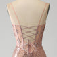 Sparkly Rose Golden Mermaid Beaded Ruched Sequin Corset Long Prom Dress with Slit Sexy