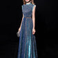 A-Line Elegant Sparkle & Shine Formal Evening Dress High Neck Sleeveless Floor Length Tulle with Sash