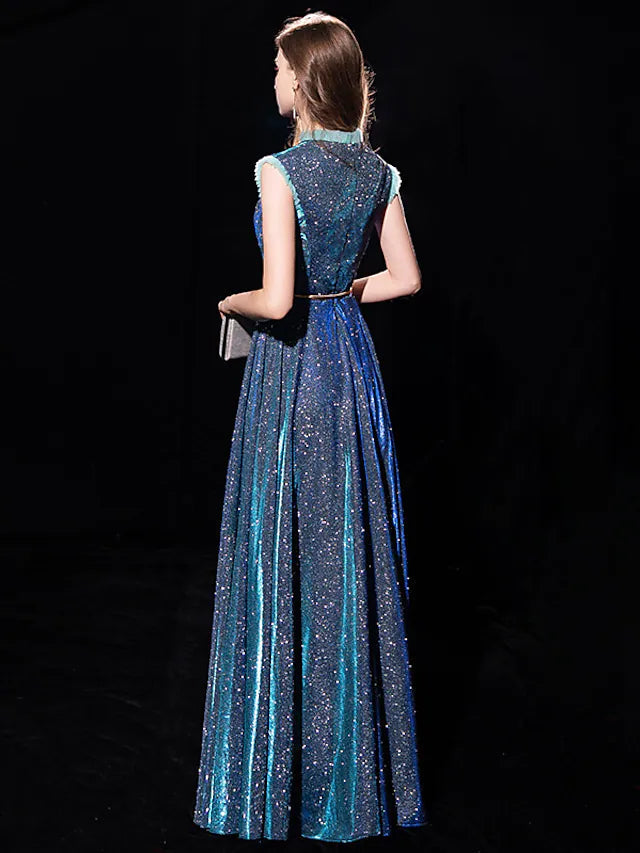 A-Line Elegant Sparkle & Shine Formal Evening Dress High Neck Sleeveless Floor Length Tulle with Sash