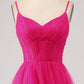 A-Line Spaghetti Straps Long Corset Fuchsia Prom Dress with Slit Pure Color