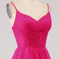 A-Line Spaghetti Straps Long Corset Fuchsia Prom Dress with Slit Pure Color