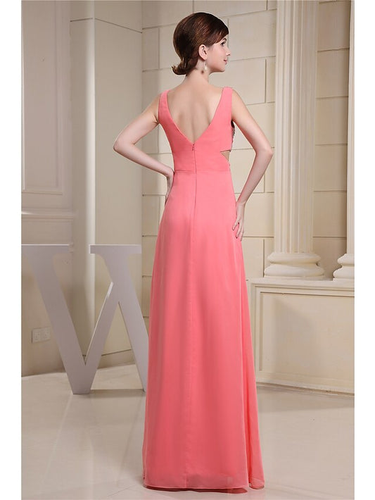 A-Line Evening Gown Sparkle Dress Engagement Floor Length Sleeveless V Neck Chiffon with Pleats